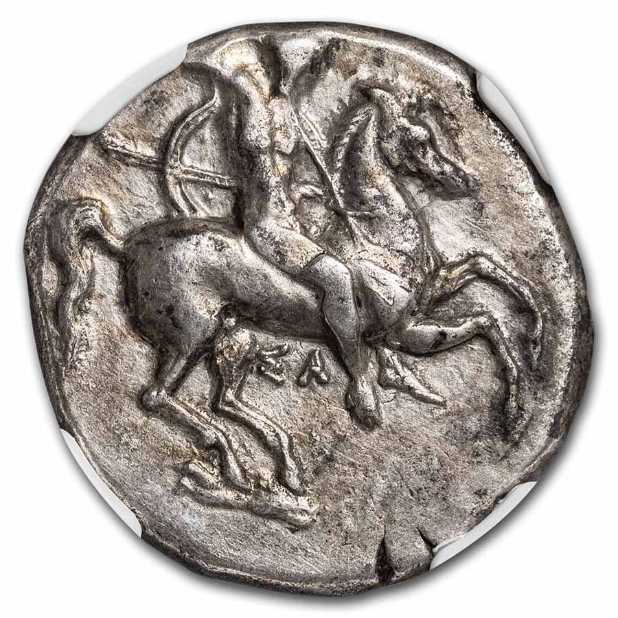 Calabria Taras AR Didrachm Rider & Dolphin (332-302 BC) Ch XF NGC