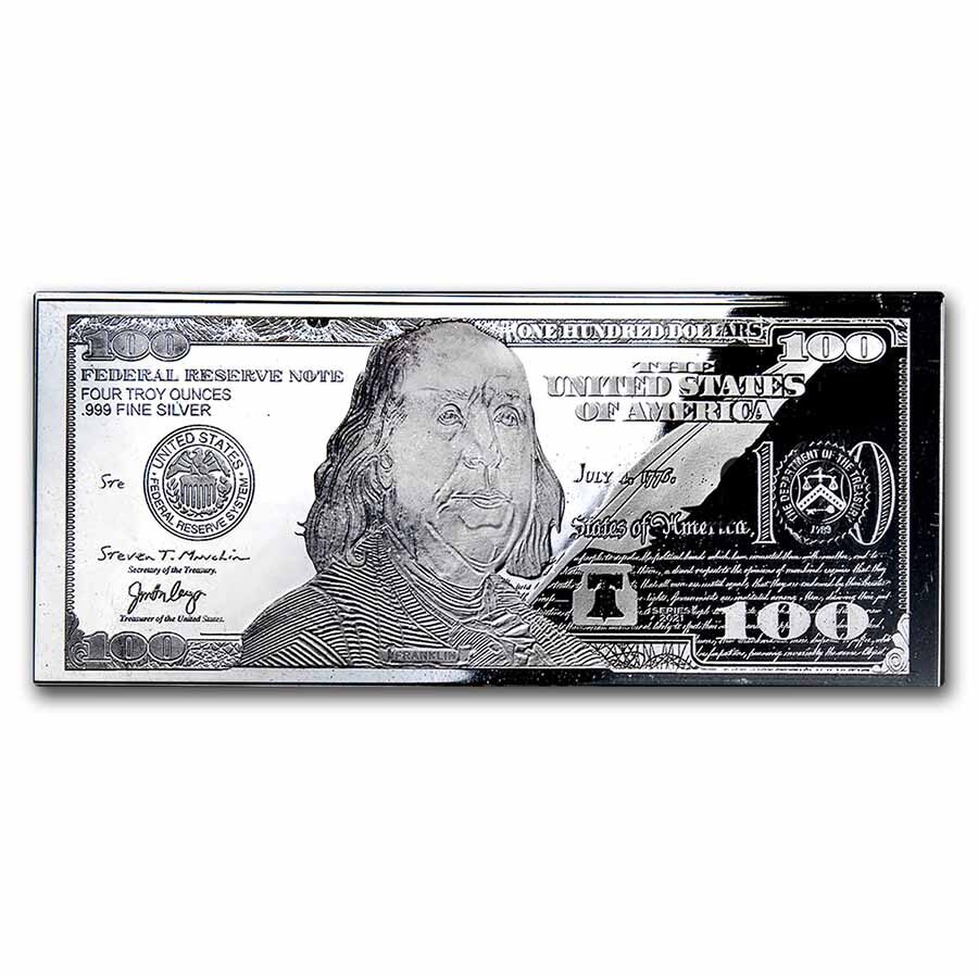 4 oz Silver Bar - 2021 $100 Bill (w/Box & COA)