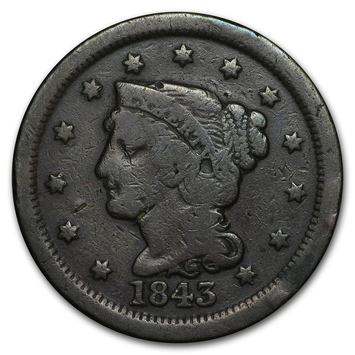 1843 Large Cent Mature Head, Lg Letters VG