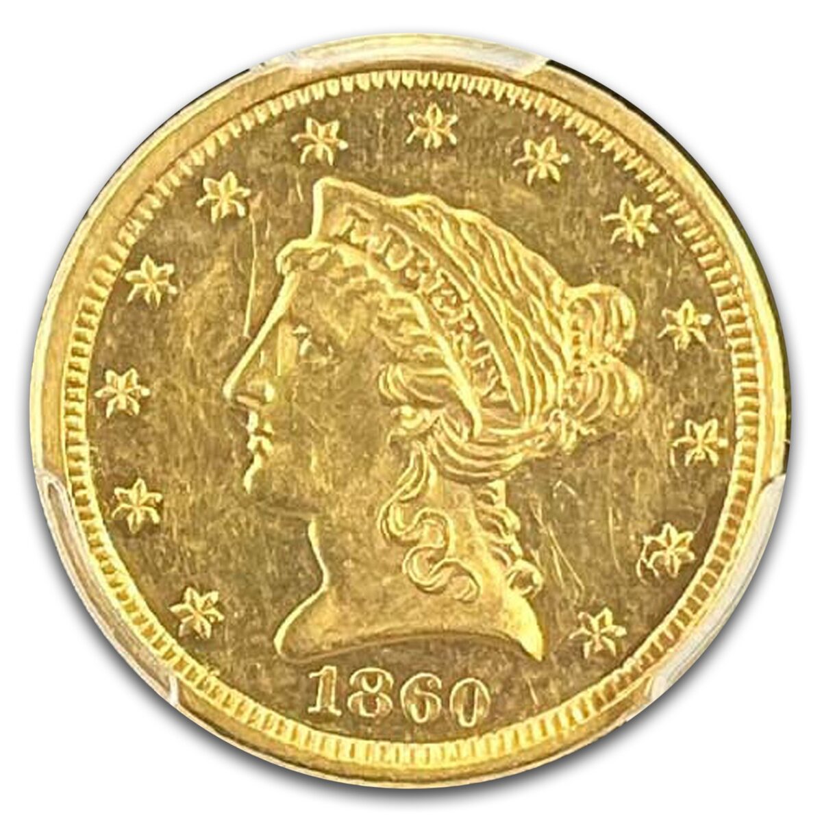 1860 $2.50 Liberty Gold Quarter Eagle AU-58 PCGS (Old Reverse)