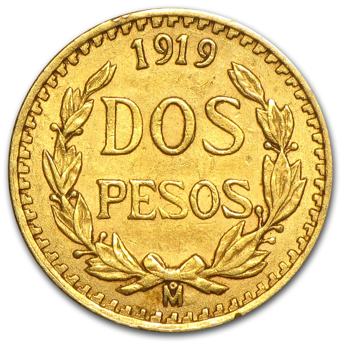 1919 Mexico Gold 2 Pesos AU