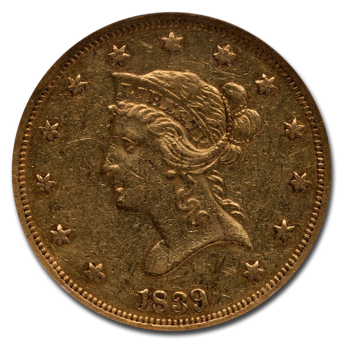 1839 $10 Liberty Gold Eagle AU-50 NGC (Large Letters, Head of 38)