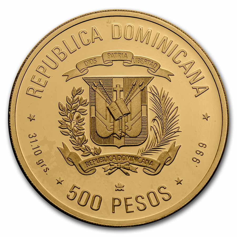 1988 Dominican Rep Gold 500 Pesos 500th Ann Columbus Proof