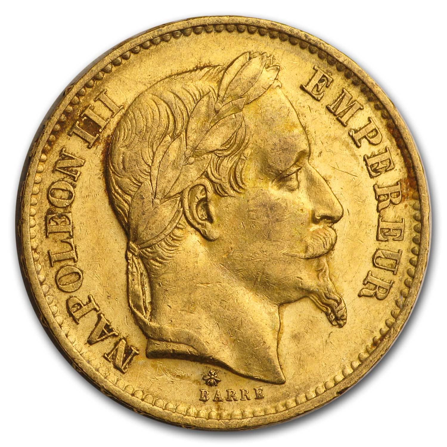 1861-1870 France Gold 20 Francs Napoleon III Laureate XF