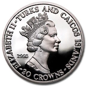 1993 Turks & Caicos Silver 20 Crowns Proof