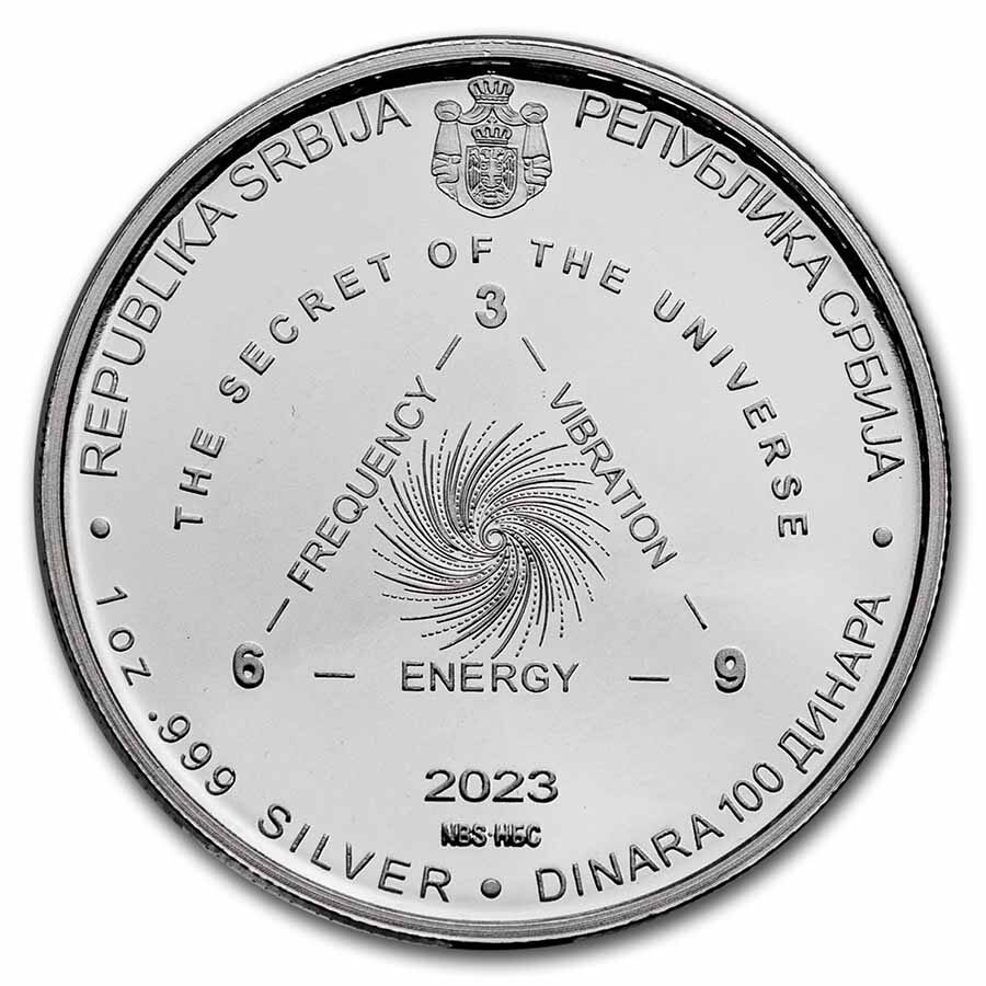 2023 Serbia 1 oz Proof Ag 100 Dinar Tesla: Secret of the Universe
