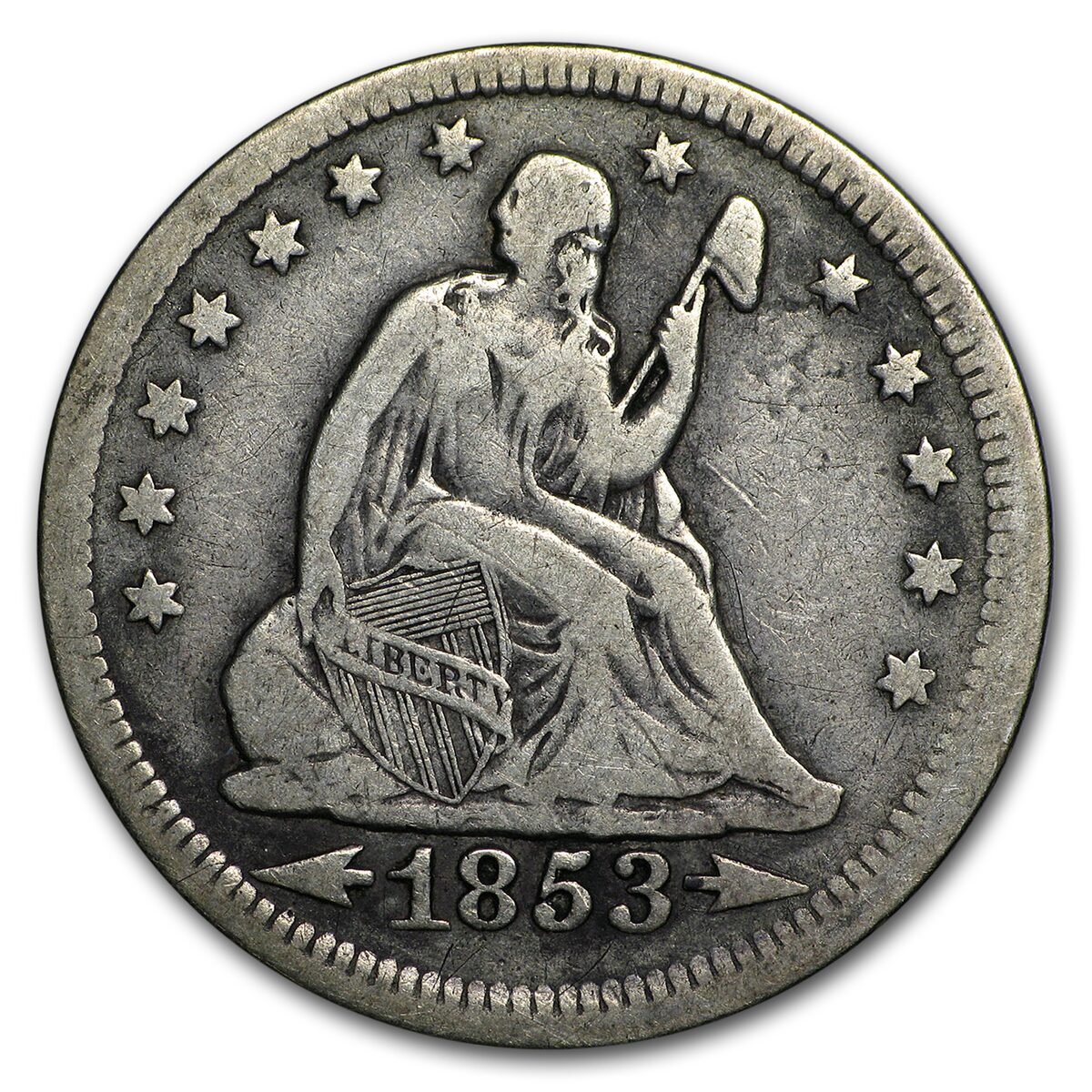 1853 Liberty Seated Quarter w/Arrows & Rays Fine