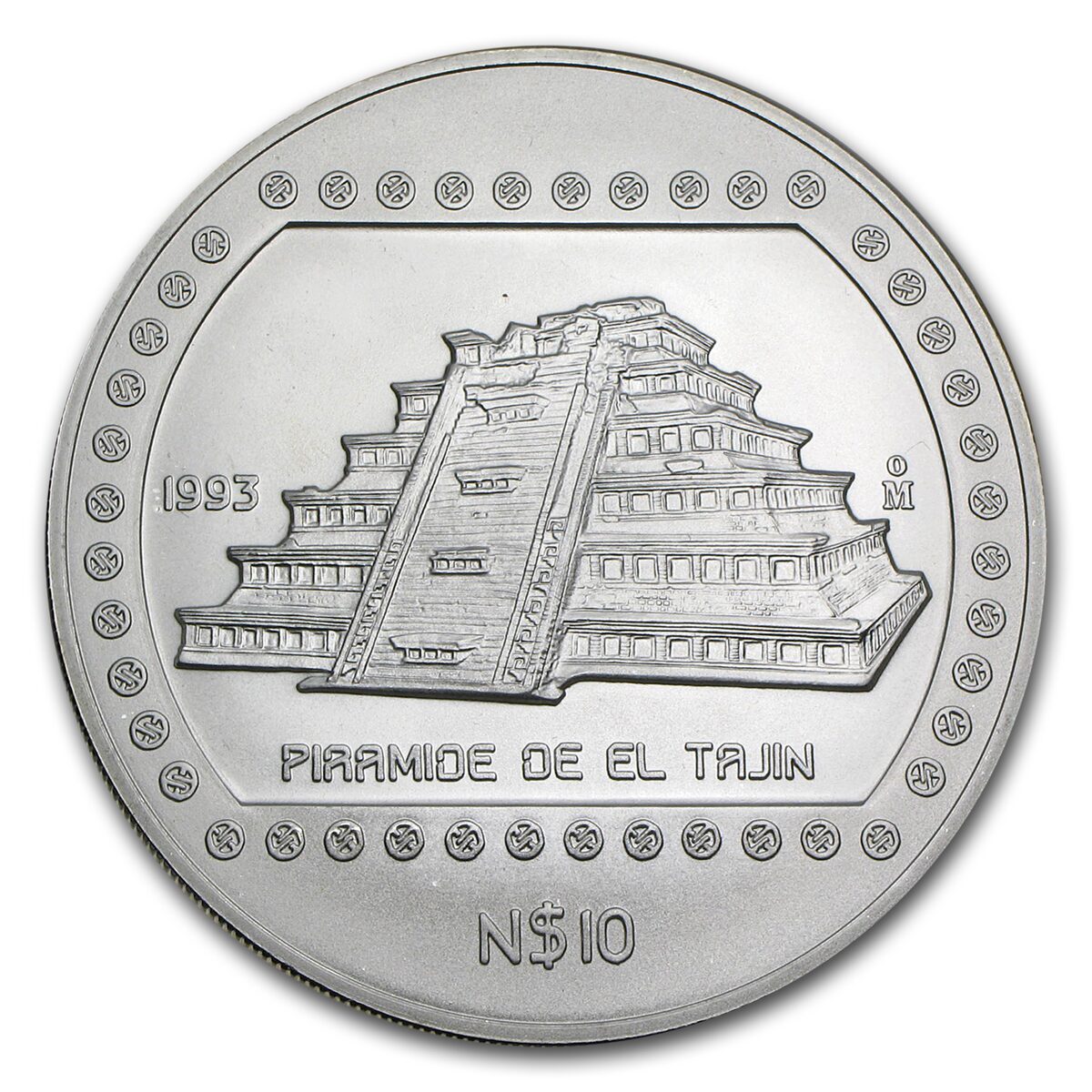 1993 Mexico 5 oz Silver 10 Pesos Piramide De El Tajin BU