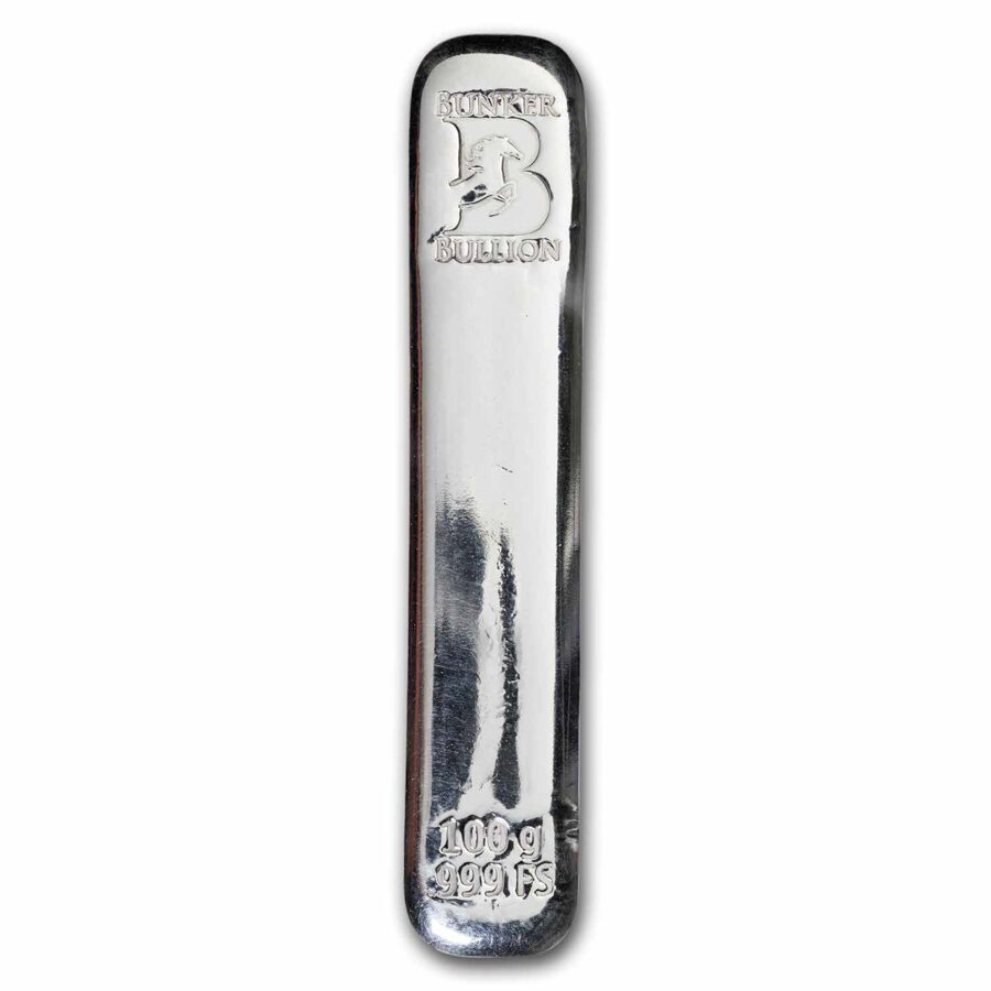 100 gram Cast-Poured Silver Bar - Bunker Bullion Long Skinny Bar