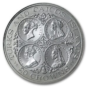1976 Turks & Caicos Silver 20 Crowns Queen Victoria BU