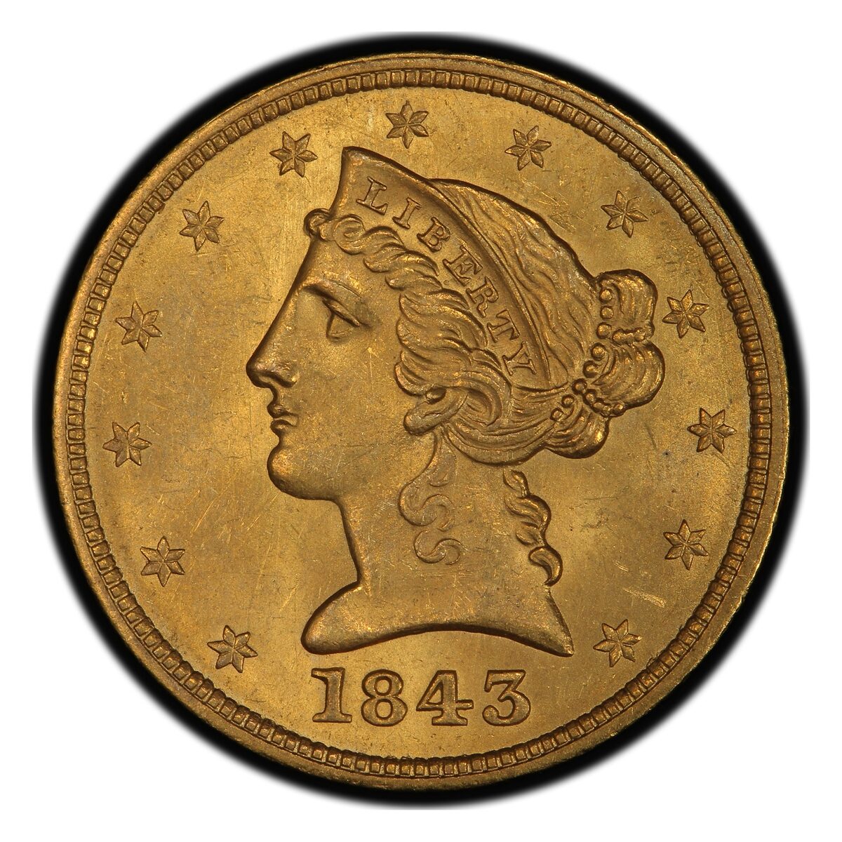 1843 $5 Liberty Gold Half Eagle MS-64 PCGS