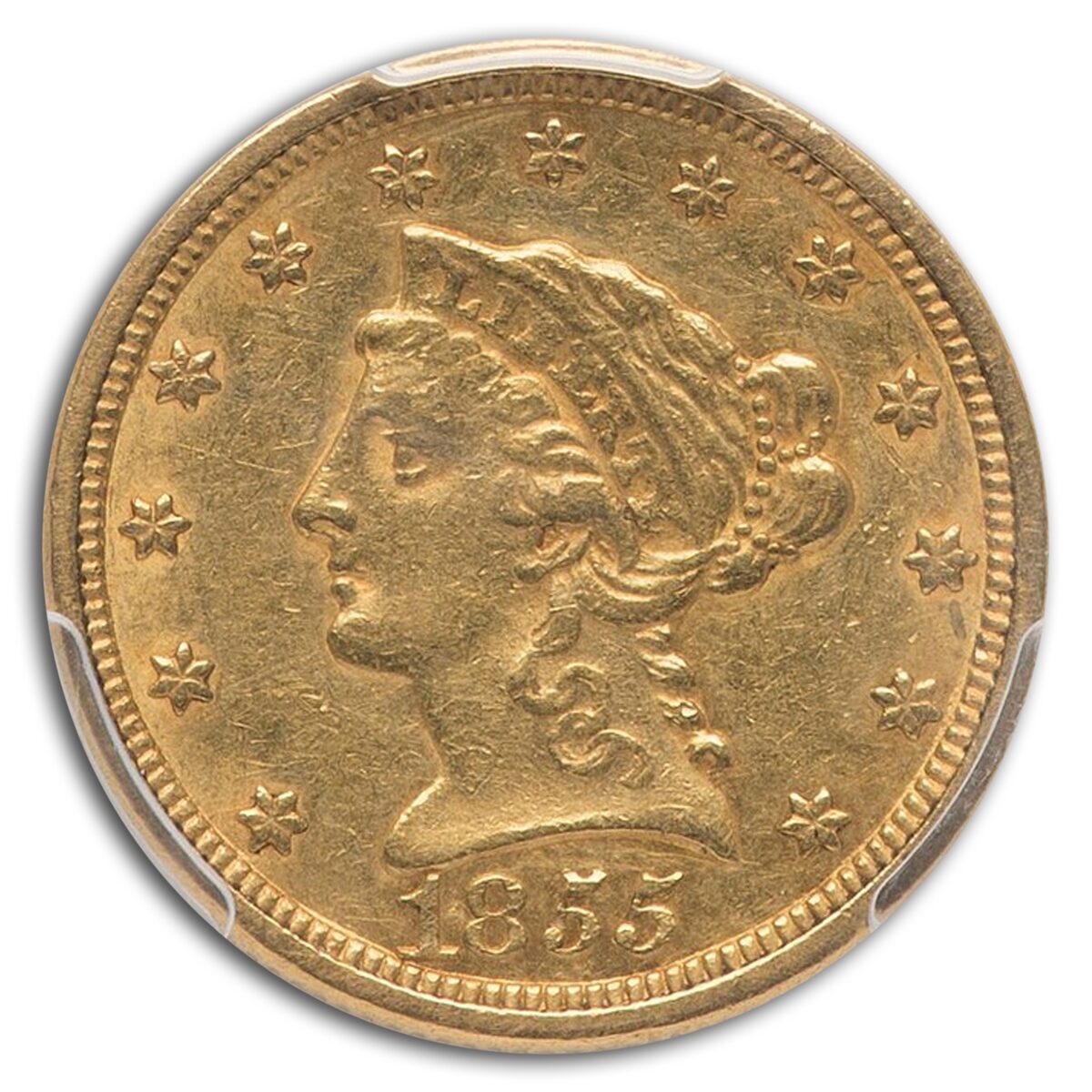 1855 $2.50 Liberty Gold Quarter Eagle AU-50 PCGS