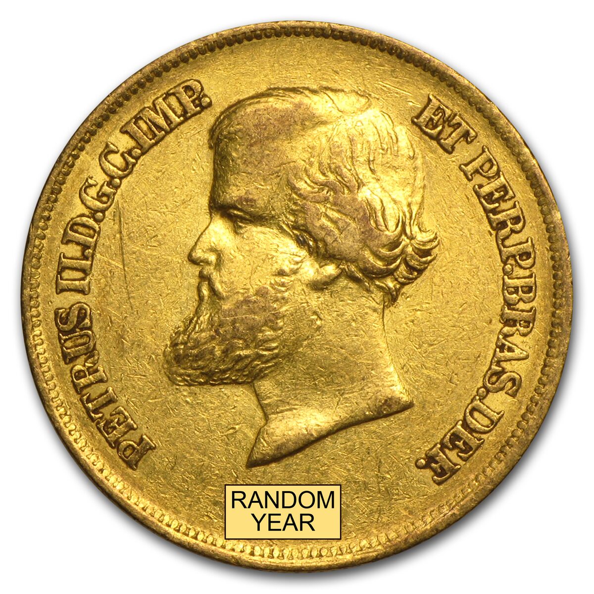 1851-1889 Brazil Gold 10,000 Reis Pedro II Avg Circ (Random)