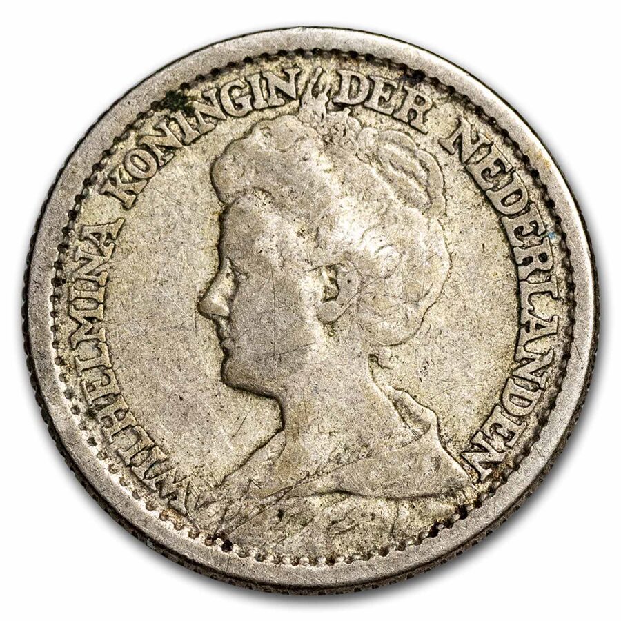 1910-1925 Netherlands Silver 25 Cents Wilhelmina Avg Circ