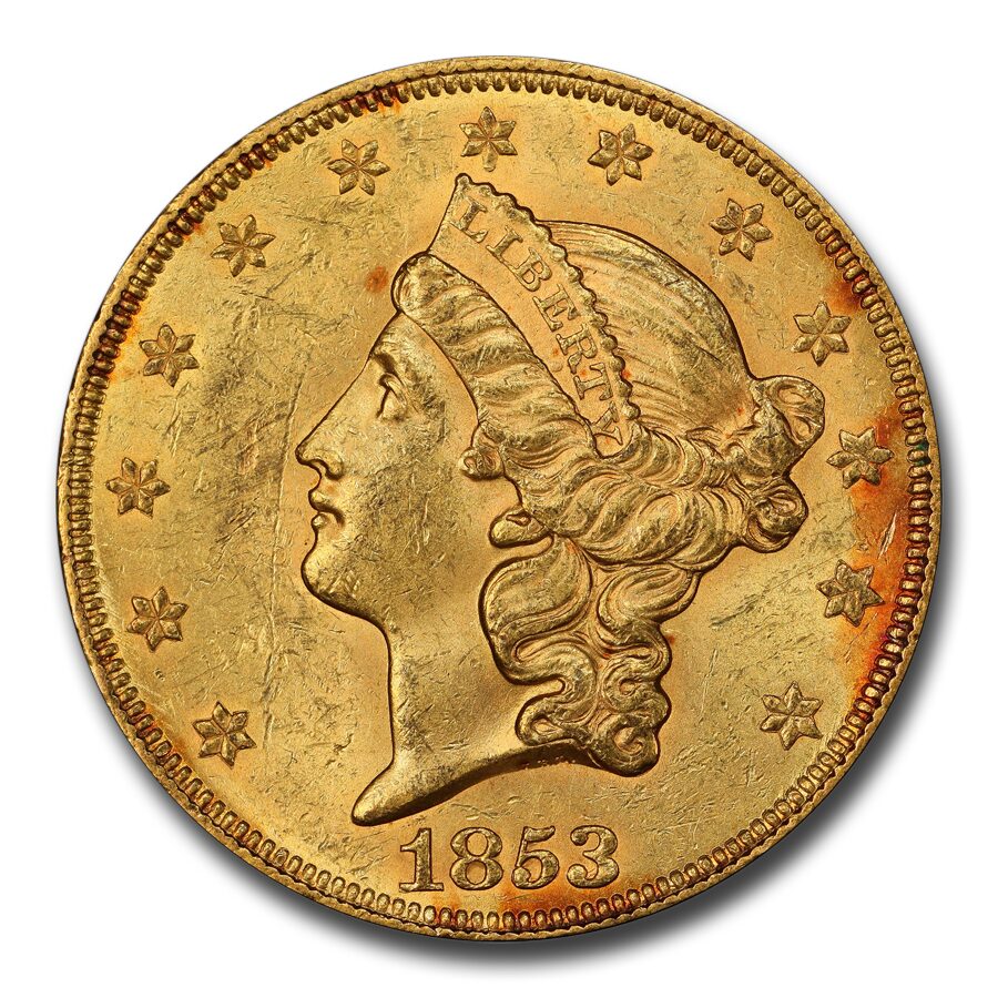 1853/2 $20 Liberty Gold Double Eagle MS-62 PCGS