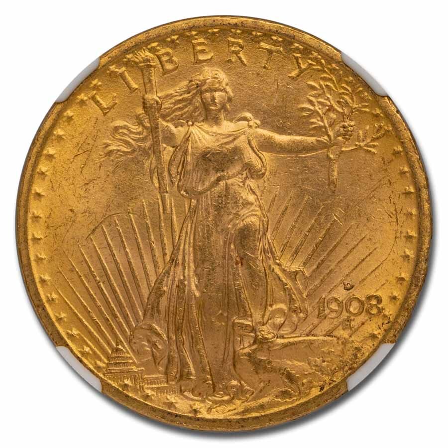 1908-D $20 St Gaudens Gold Double Eagle No Motto MS-63 NGC