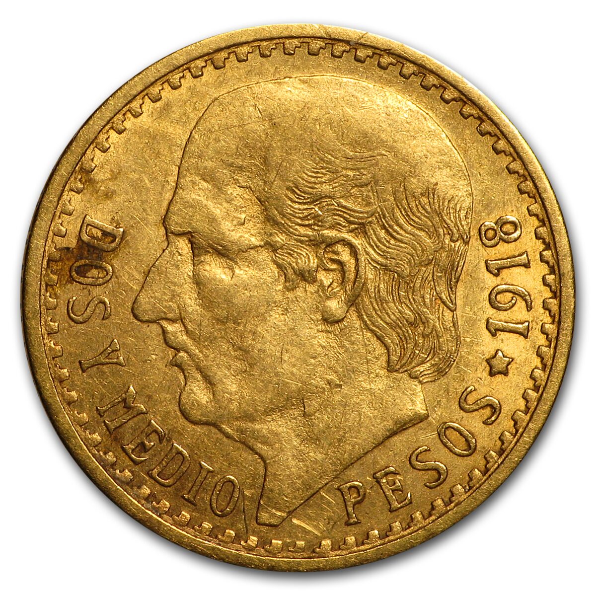 1918 Mexico Gold 2 1/2 Pesos AU
