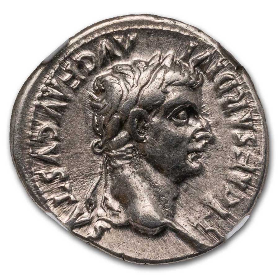 Rome AR Denarius Tiberius 14-37 AD Ch VF NGC (5/3, Tribute Penny)