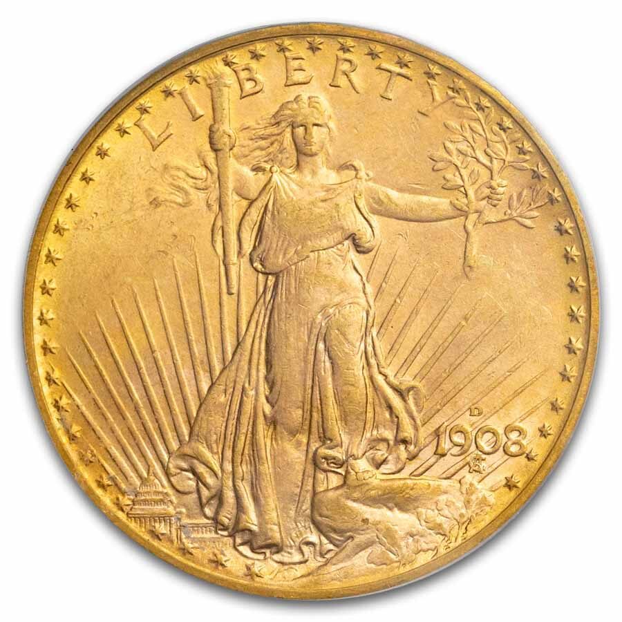 1908-D $20 St Gaudens Gold Double Eagle No Motto MS-63 PCGS