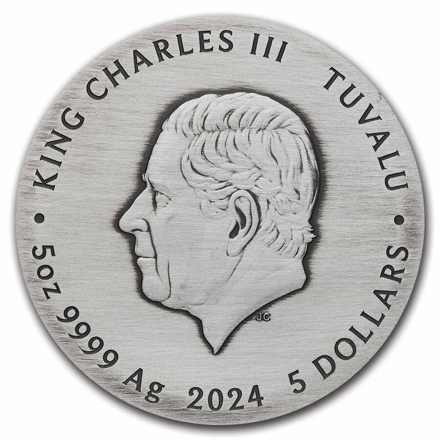 2024 Tuvalu 5 oz Silver Colorized Dragon and 5 Elements Antiqued