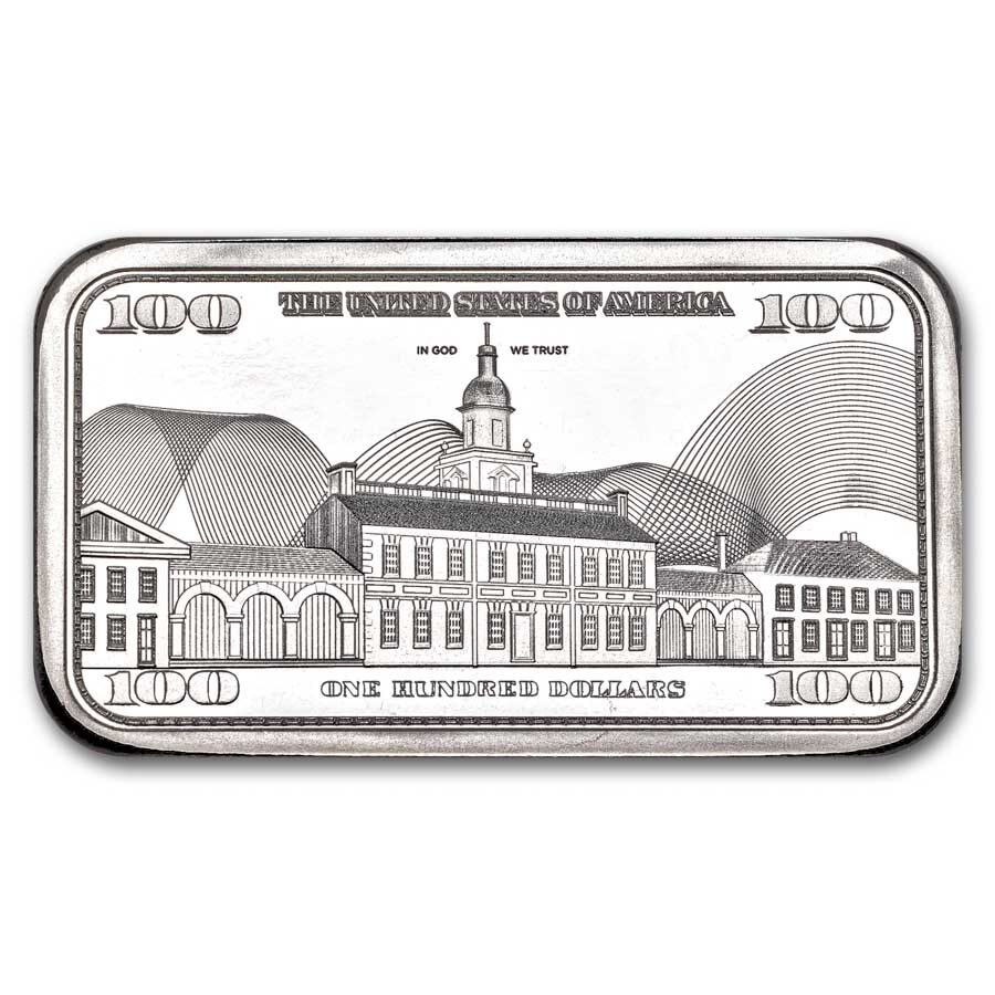 5 oz Silver Bar – Ben Franklin $100 Bill Design