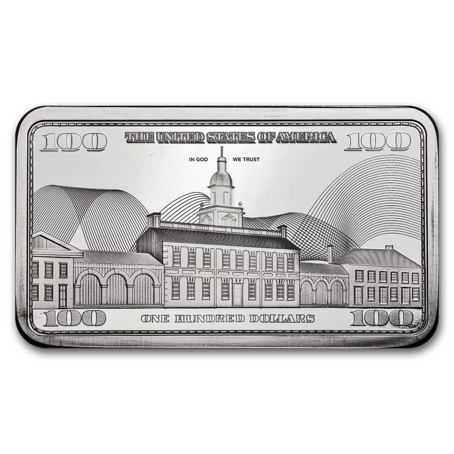 10 oz Silver Bar – Ben Franklin $100 Bill Design