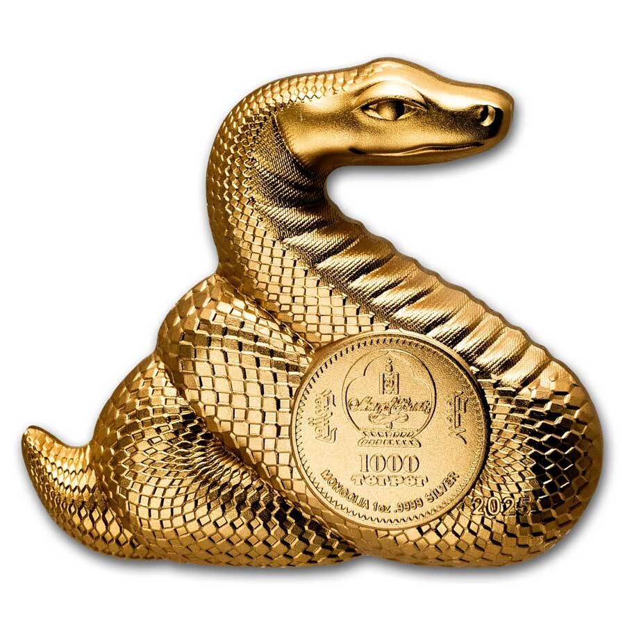 2025 Mongolia 1 oz Silver Gilded Lunar Nimble Snake Shaped Coin