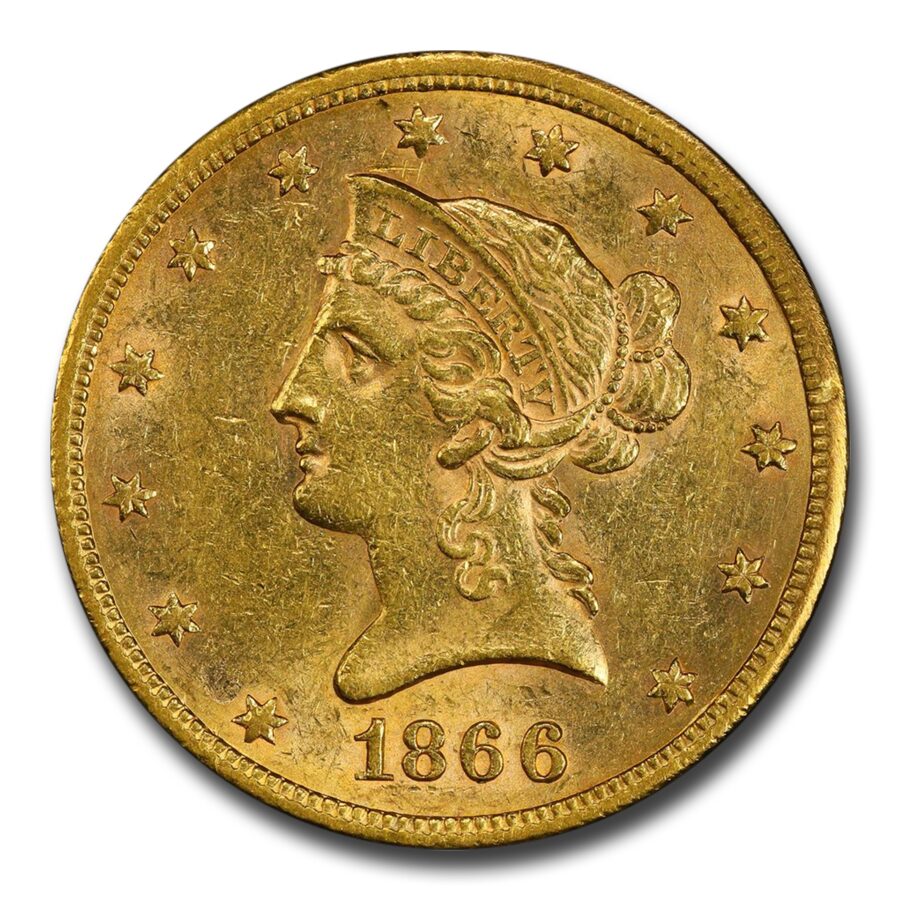 1866-S $10 Liberty Gold Eagle AU-55+ PCGS (Motto)