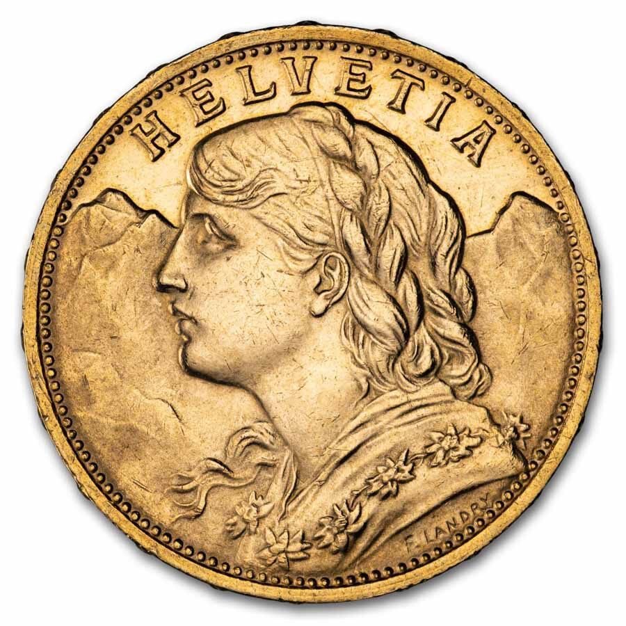 Swiss Gold 20 Francs Helvetia Coin Cleaned (Random Year)