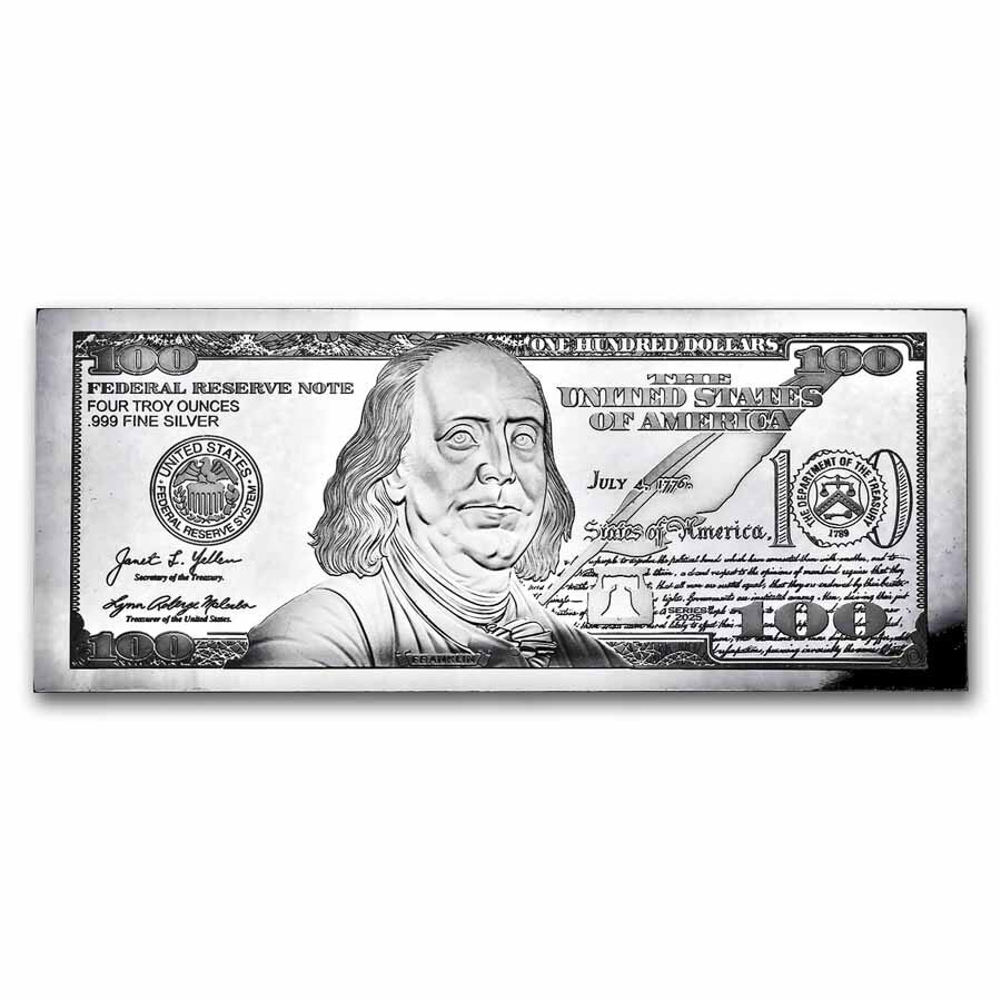 4 oz Silver Bar - 2025 $100 Bill (w/Box & COA)