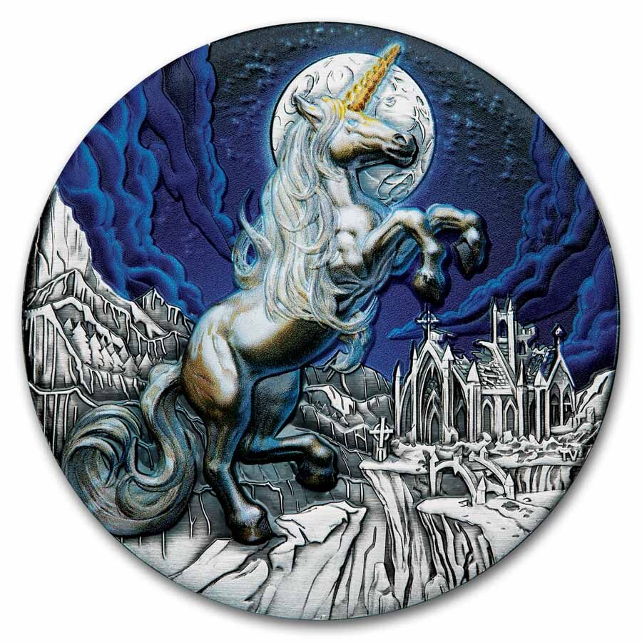 2025 TUV 5 oz Silver Colorized Unicorn Antiqued SP-70 PCGS HR FS