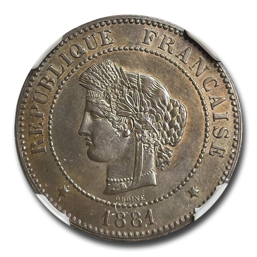 1881-A France 5 Centimes MS-62 NGC (Brown)