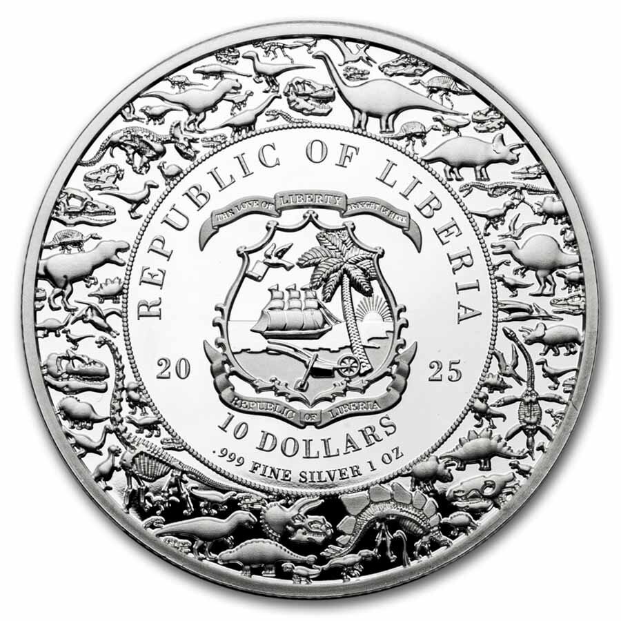 2025 Liberia 1 oz Silver Jurassic Life Dinosaur: Velociraptor