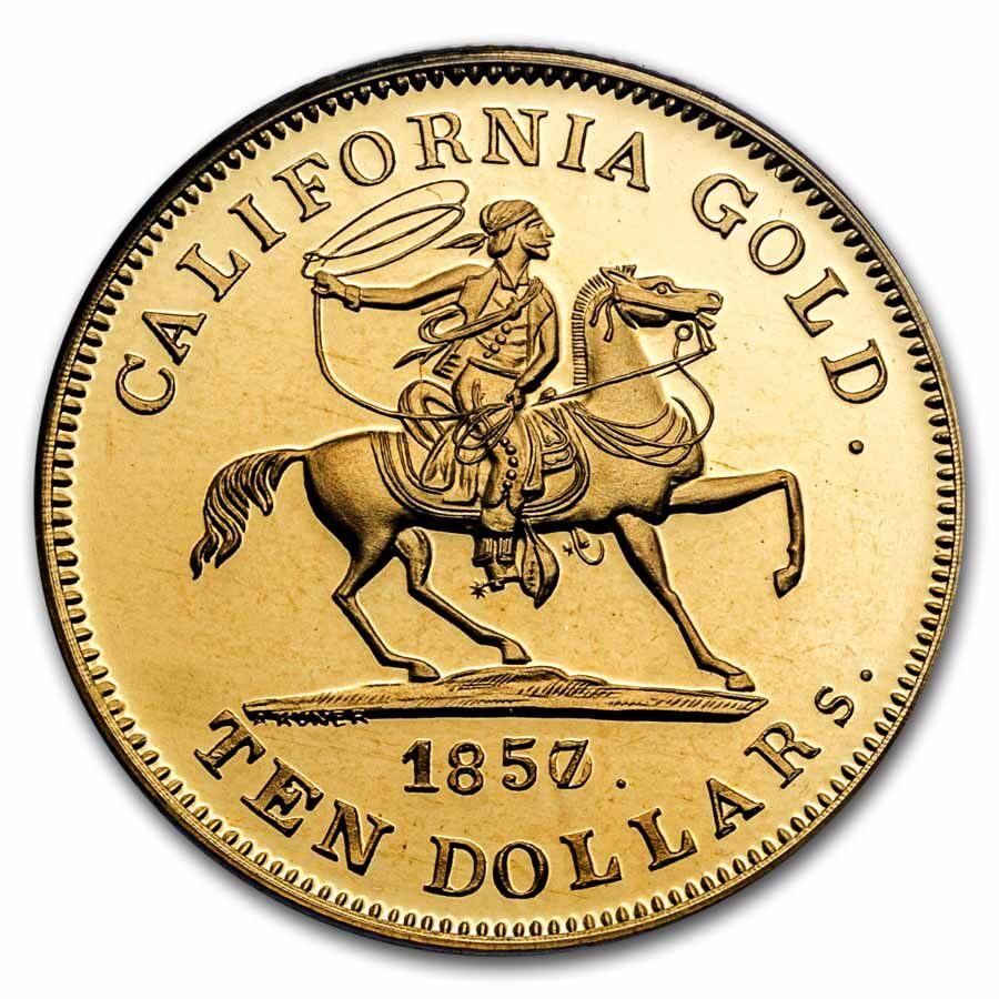 1857/0 $10 49er Horseman .913 Fine Cal Gold PCGS (Box & COA)