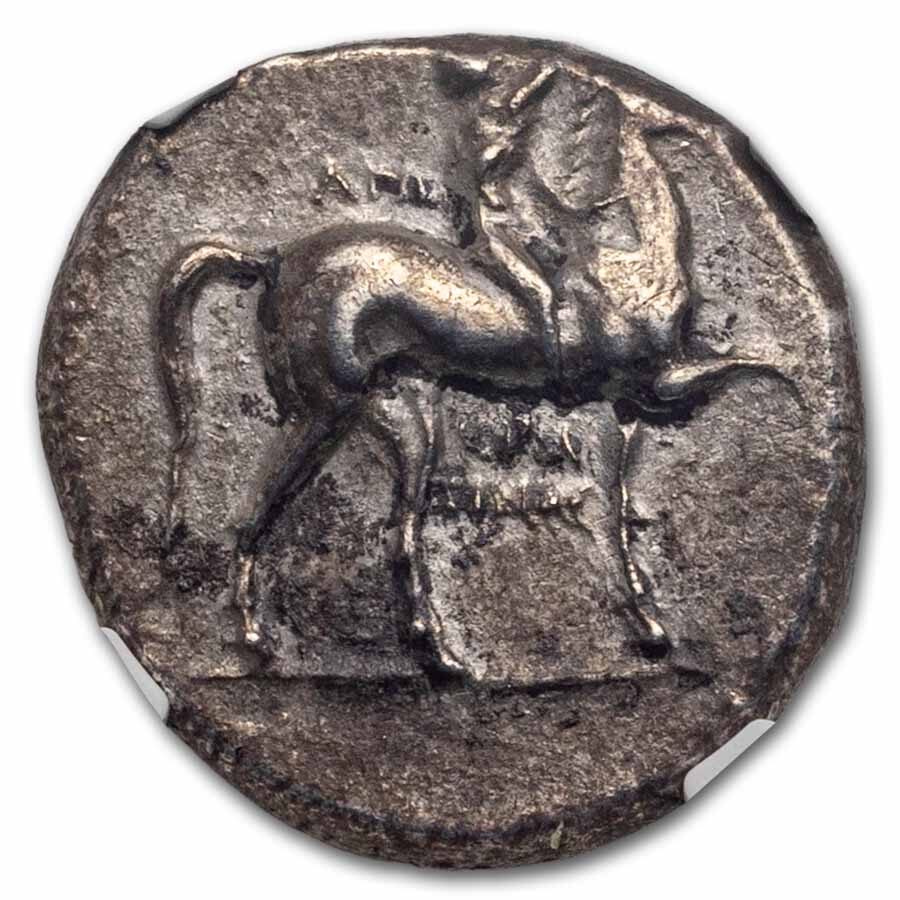 Calabria AR Didrachm Taras on Dolphin (280-240 BC) Ch VF NGC 3/3