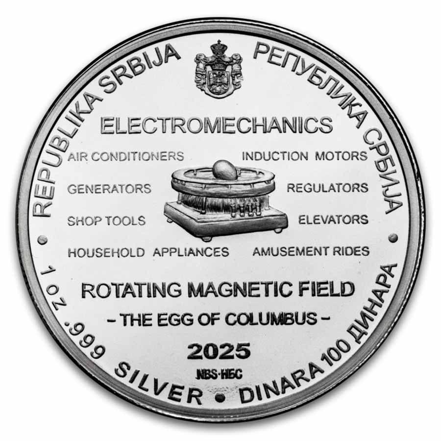 2025 Serbia 1 oz Proof Silver Tesla: Rotating Magnetic Field