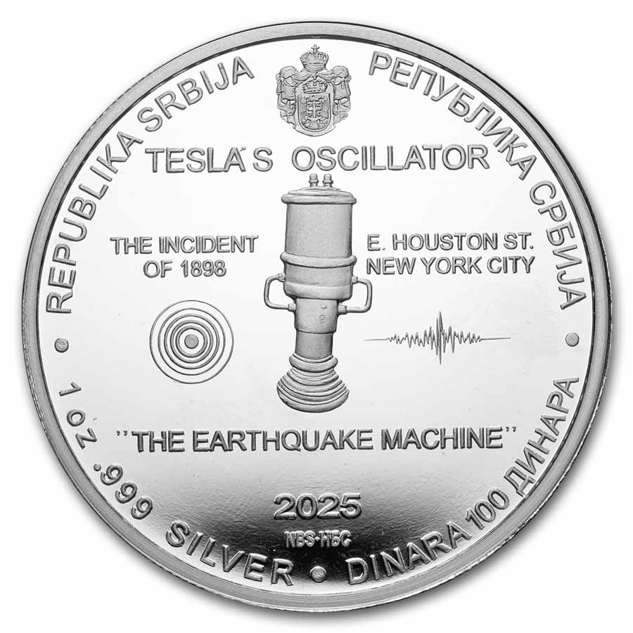 2025 Serbia 1 oz Ag Proof 100 Dinar Tesla: The Earthquake Machine