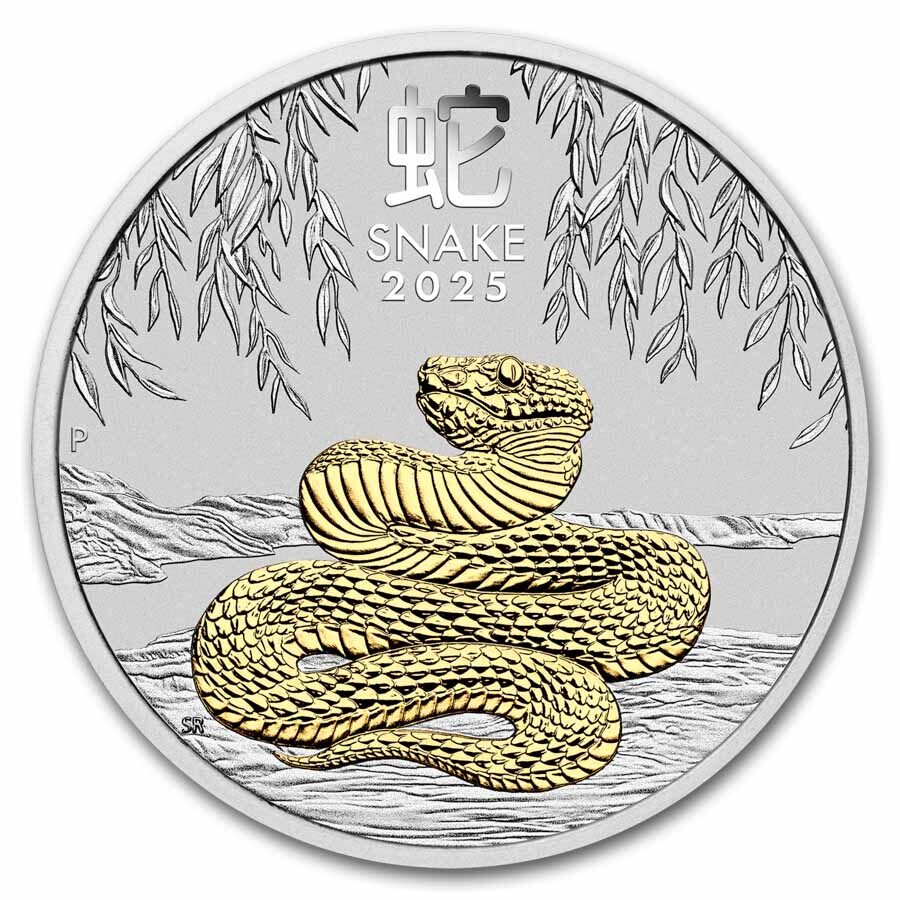 2025 Australia 1 oz Silver Lunar Snake MS-70 PCGS (Gilded w/ COA)