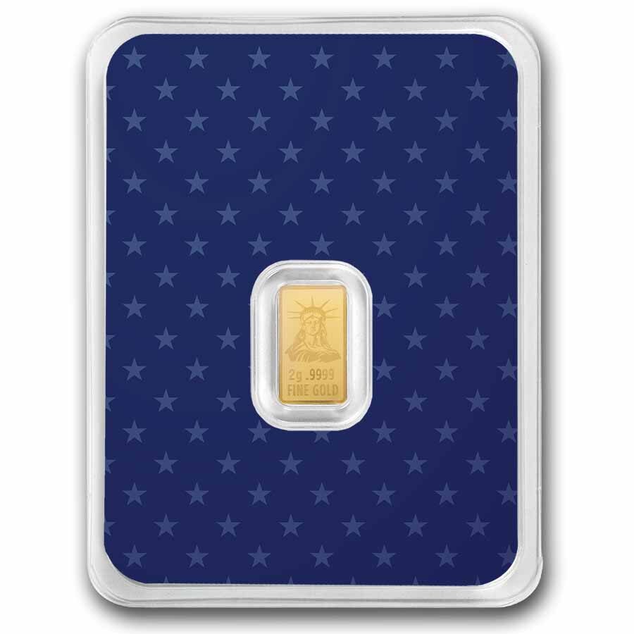 2 gram Gold Bar - United States Flag & Statue of Liberty