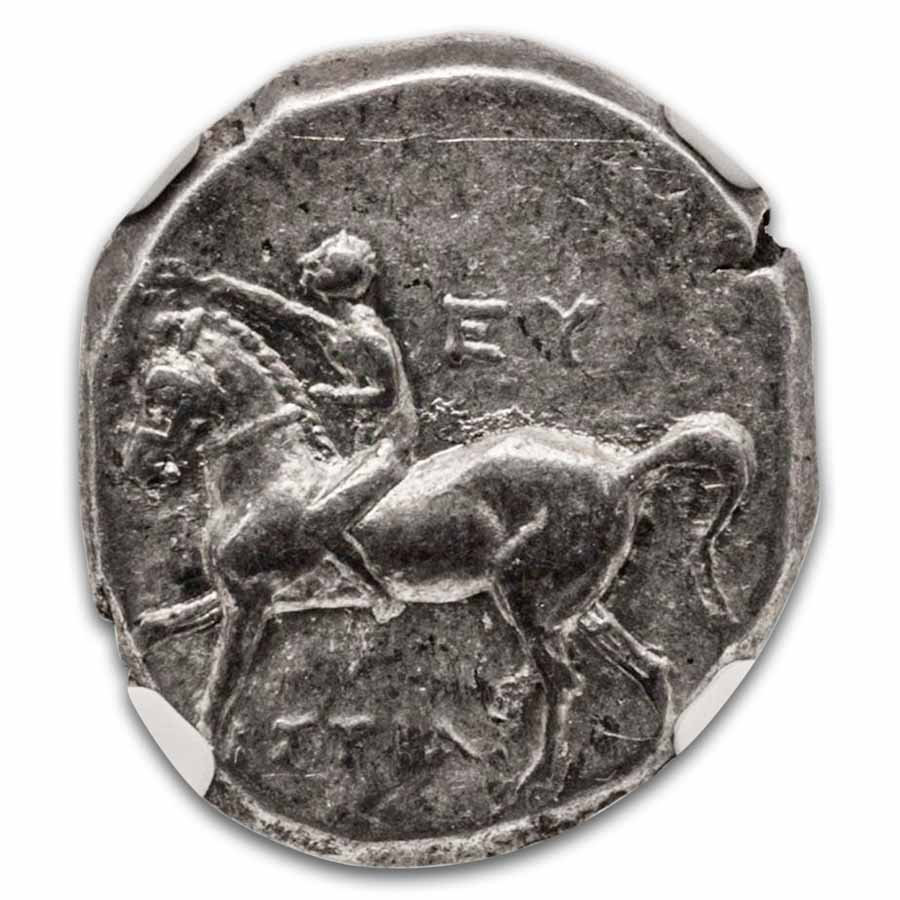 Calabria AR Didrachm Taras on Dolphin (280-240 BC) Ch VF NGC