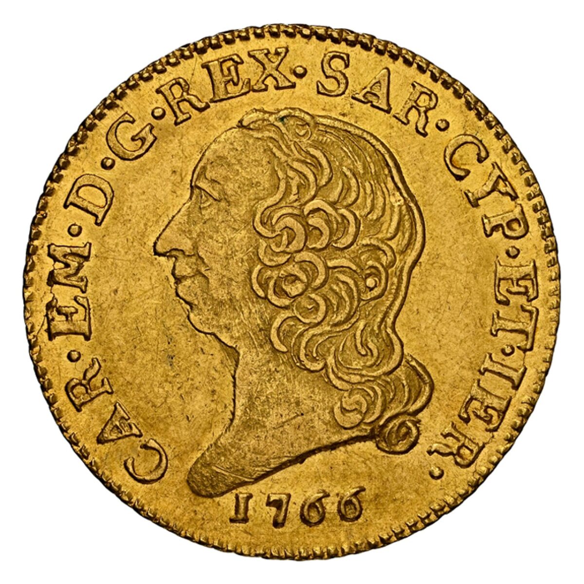 1766 Italy Gold Doppia Carlo Eman. III AU-58 NGC (Sardinia)