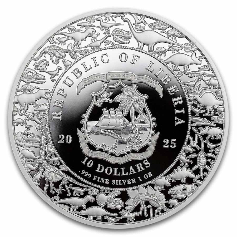 2025 Liberia 1 oz Silver Jurassic Life Dinosaur: Stegosaurus