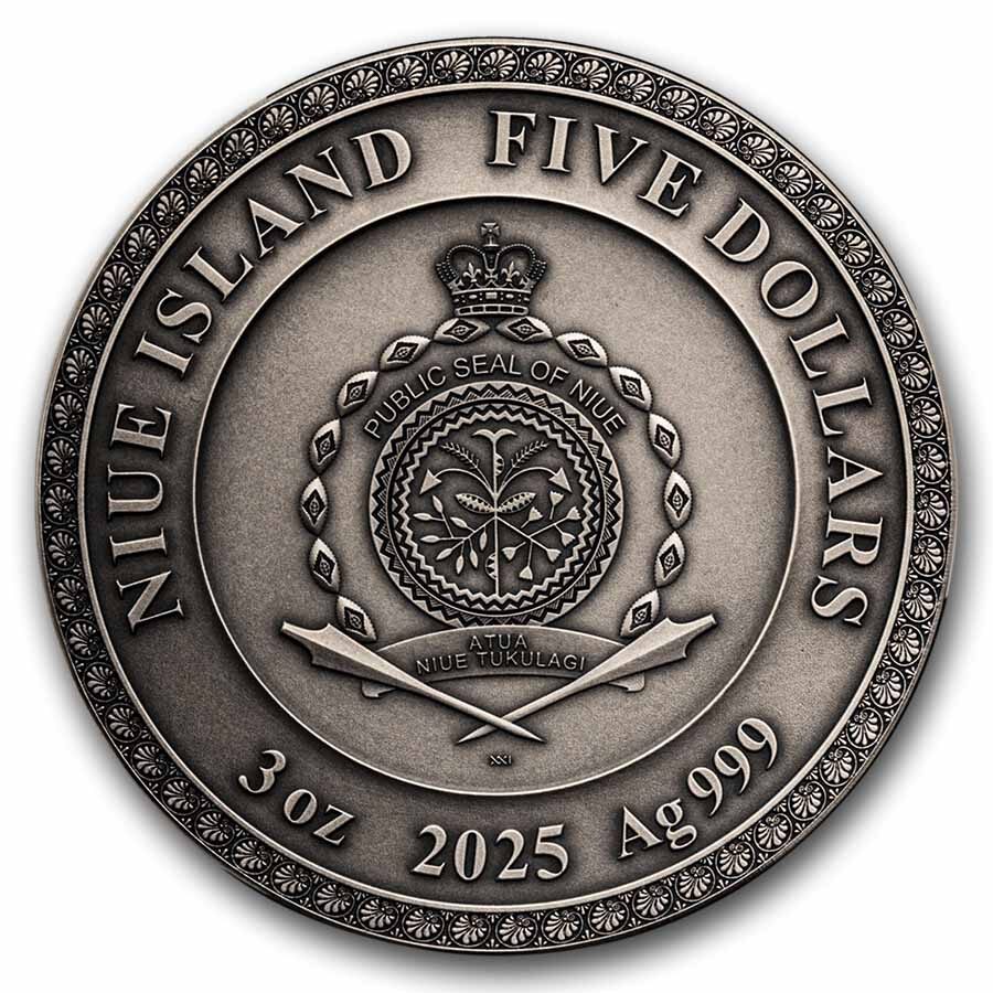2025 Niue 3 oz Silver Antique Divine Faces of the Sun; Apollo