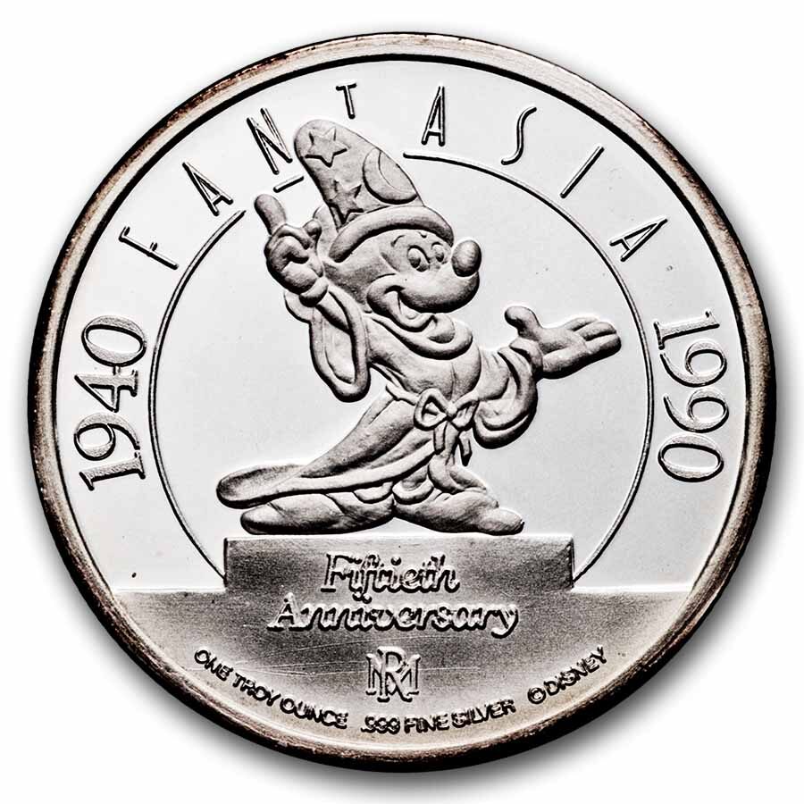 1 oz Silver Round - Fantasia 50th Ann. (Walt & Mickey, w/Box)