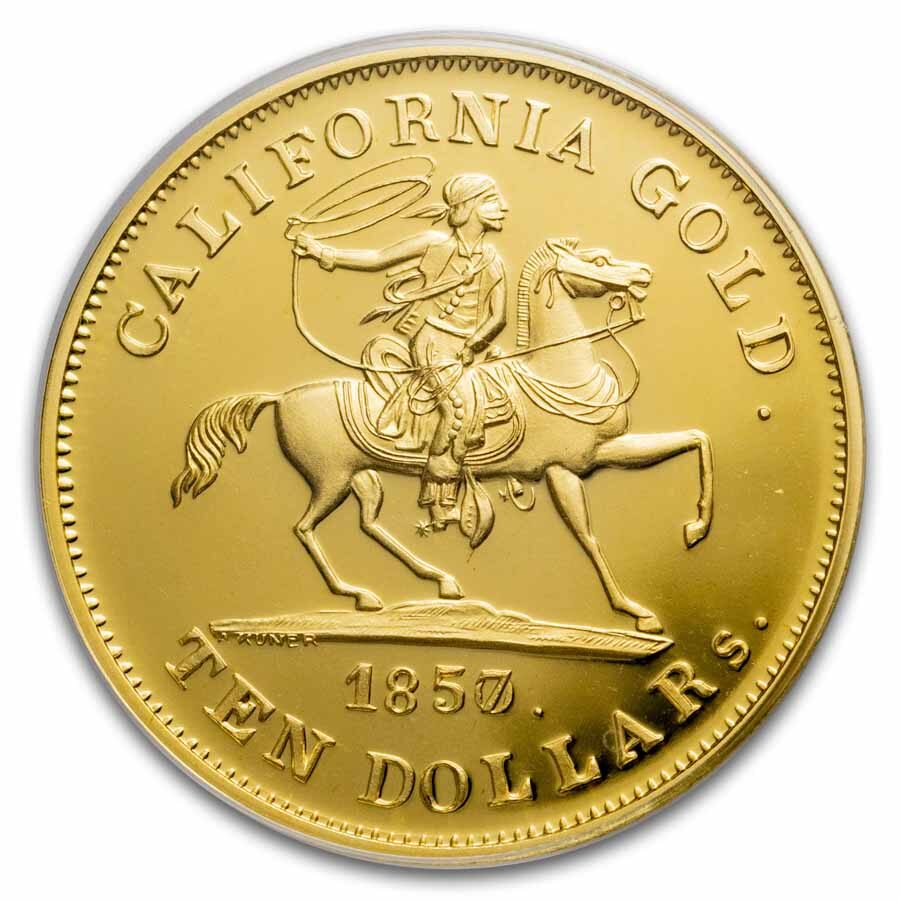 1857/0 $10 49er Horseman .906 Fine Cal Gold PCGS