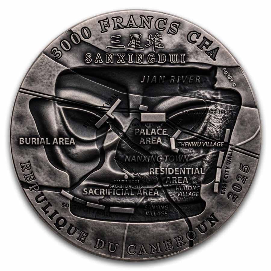 2025 Rep. of Cameroon 3 oz Silver Mask of the Ancient Shu Kingdom