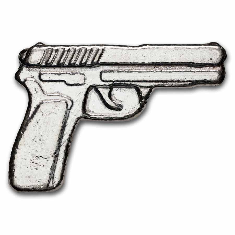 2 oz Hand Poured Silver Bar - 3D Pistol Handgun