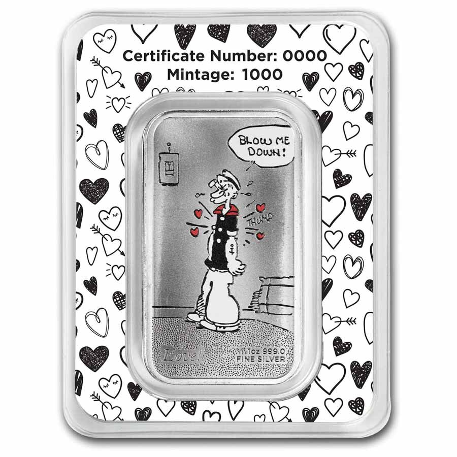 1 oz Silver Colorized Bar - Popeye & Olive Oyl "The Kiss"