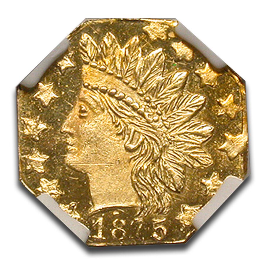 1875 Indian Octagonal 25 Cent Gold MS-65 NGC (DPL, BG-797)