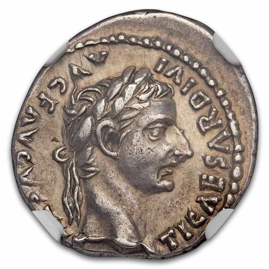 Roman AR Denarius Tiberius (14-37 AD) AU NGC (Tribute Penny) 5/5